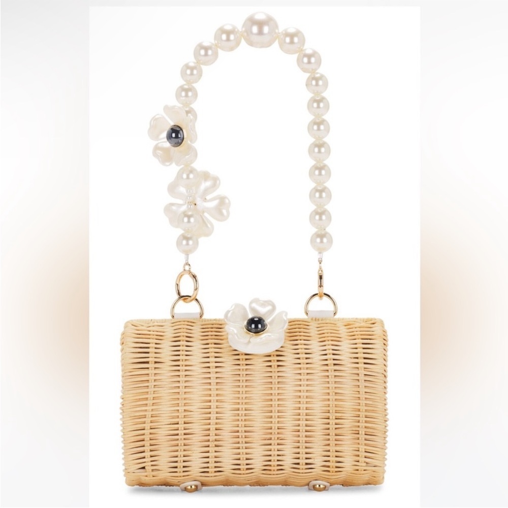 Pearl-Handle Woven Straw Handbag - Cream